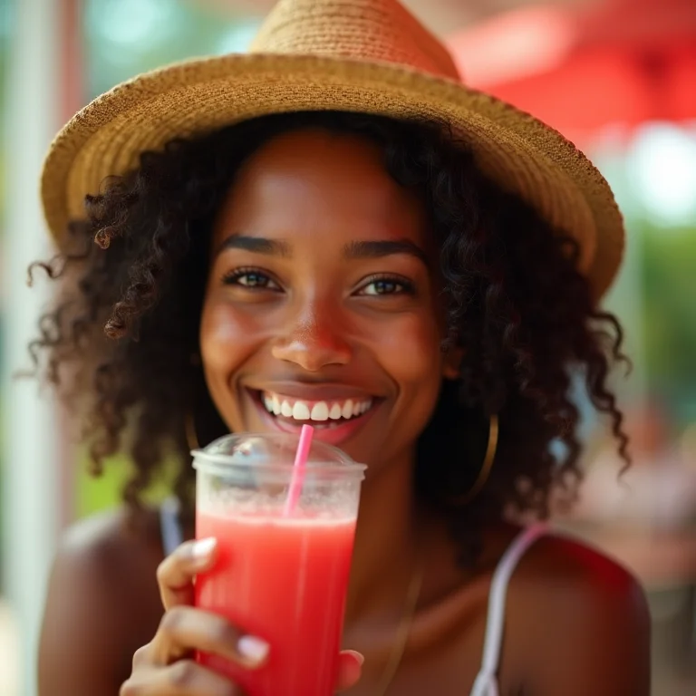 Jovem negra brasileira sorrindo enquanto bebe suco de melancia.