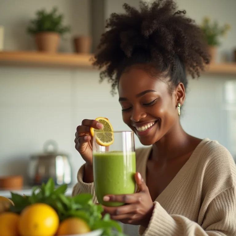 Jovem preparando smoothie relaxante de melissa e hortelã