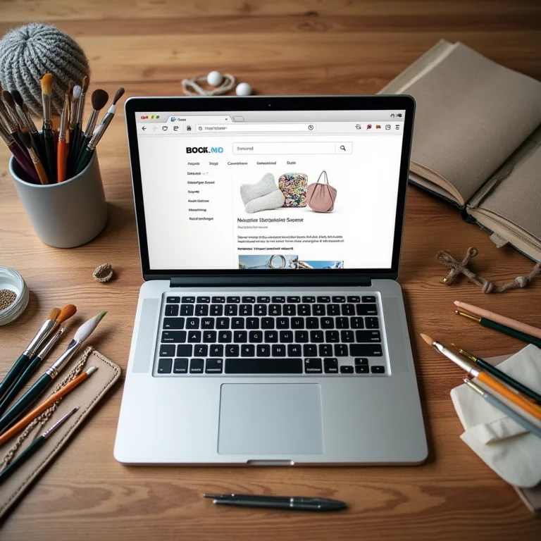 Laptop com ferramentas de artesanato exibindo página de suporte do marketplace