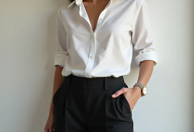 Look básico de trabalho elevado com acessórios discretos: colar de ouro delicado e relógio clássico.