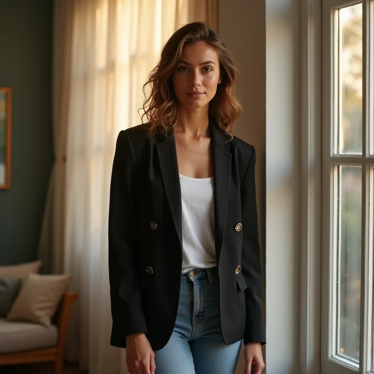 Look casual chic com blazer preto alongado, jeans skinny e t-shirt branca para um dia a dia estiloso.