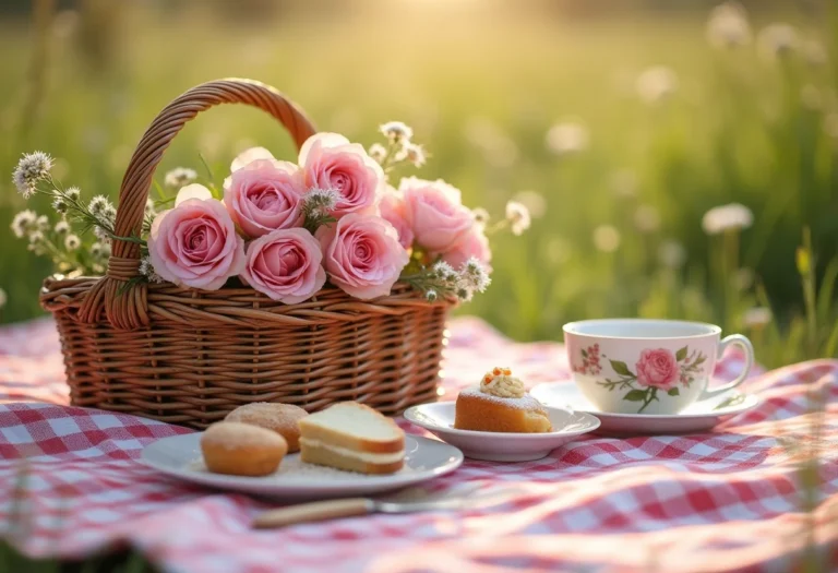 Looks para piquenique Pinterest em estilo Clássico Romântico: toalha quadriculada, cesta de vime com rosas e iguarias gourmet.