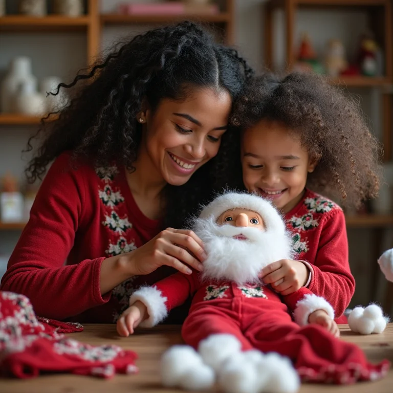 Mãe e filha costurando juntas boneco de Papai Noel artesanal