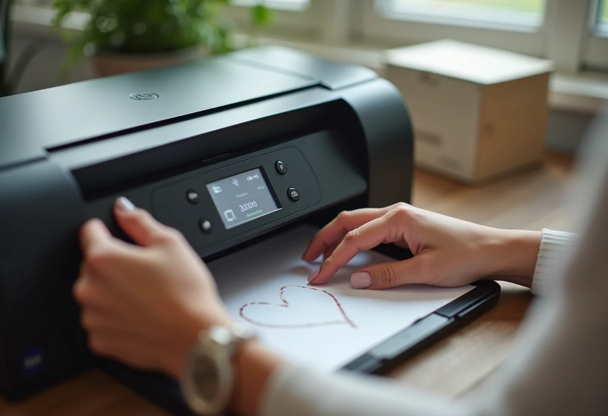 Mãos ajustando configurações de escala na impressora para imprimir molde de coração