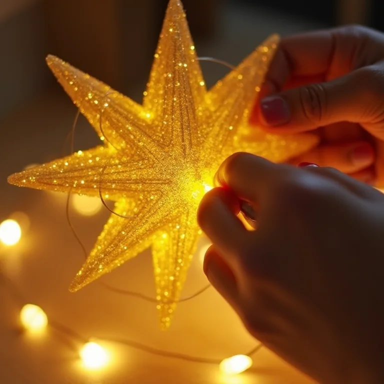 Mãos artesãs colando estrelas de EVA com glitter para luminária