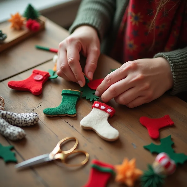 Mãos criando guirlanda de mini botas de Natal de feltro em mesa de artesanato