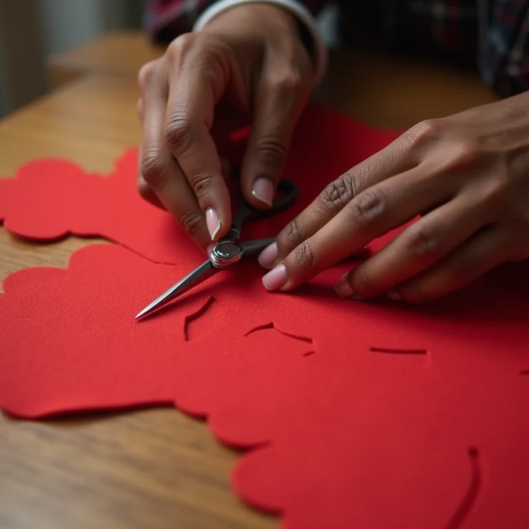 Mãos de artesã negra recortando molde de Papai Noel em feltro vermelho