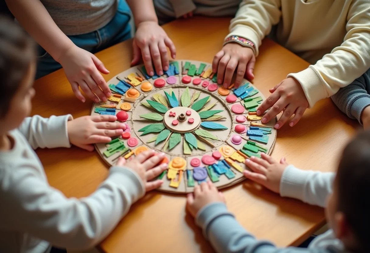 Mãos de crianças brincando com roleta silábica artesanal.