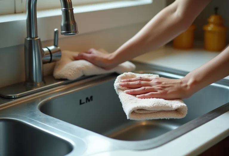 Mãos de mulher limpando pia de inox riscada com pano de microfibra