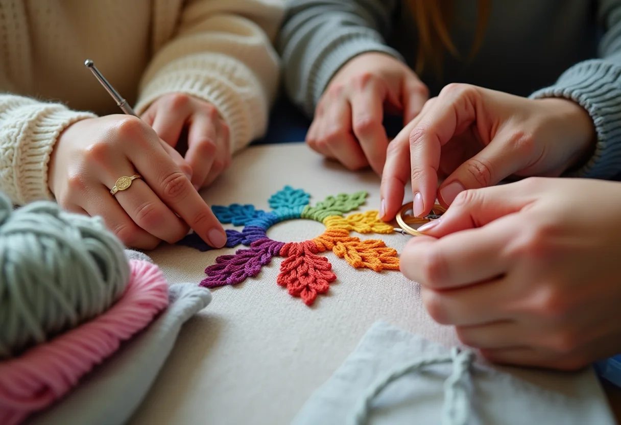 Mãos diversas bordando um gráfico de ponto cruz colorido em tecido de linho