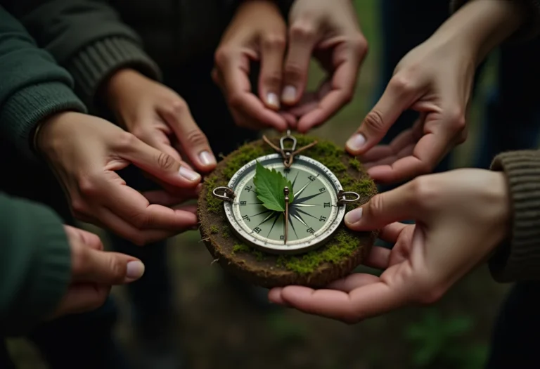 Mãos diversas construindo bússola caseira.