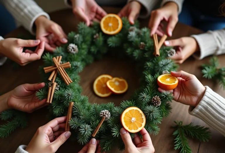 Mãos diversas criando guirlanda de Natal