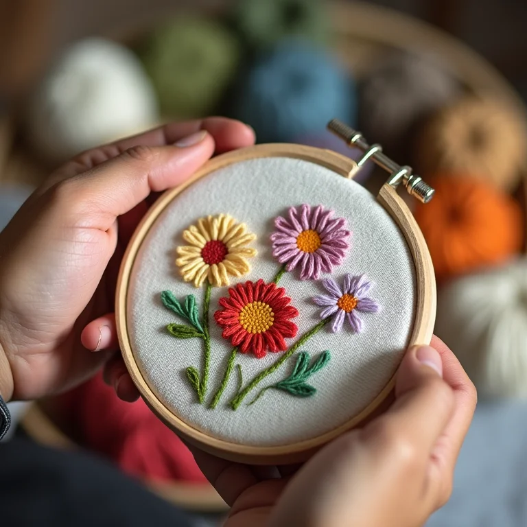 Mãos diversas segurando uma peça de ponto cruz finalizada com flores estilizadas