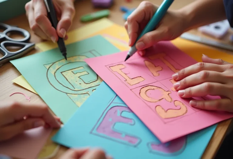 Mãos diversas traçando moldes de letras em EVA colorido