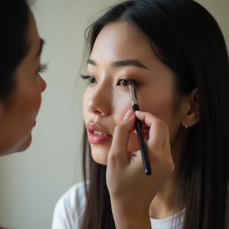 Maquiador aplicando contorno no rosto de uma mulher asiático-brasileira.