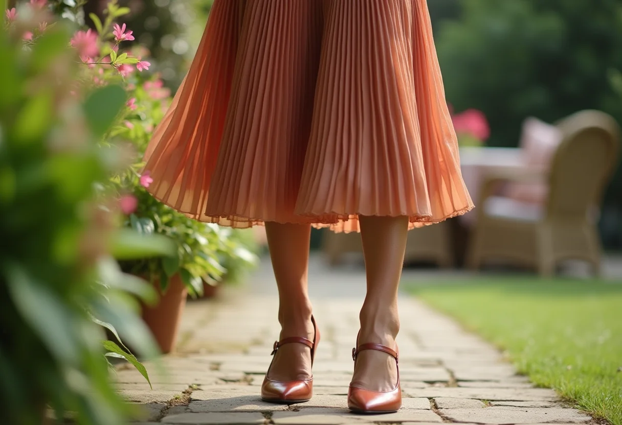 Melhor sapato para usar com vestido midi plissado em evento formal diurno em 2024.