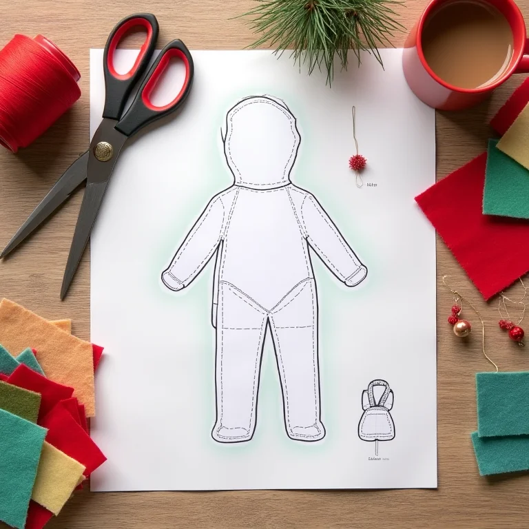 Mesa de artesanato com molde de Papai Noel impresso e materiais de costura