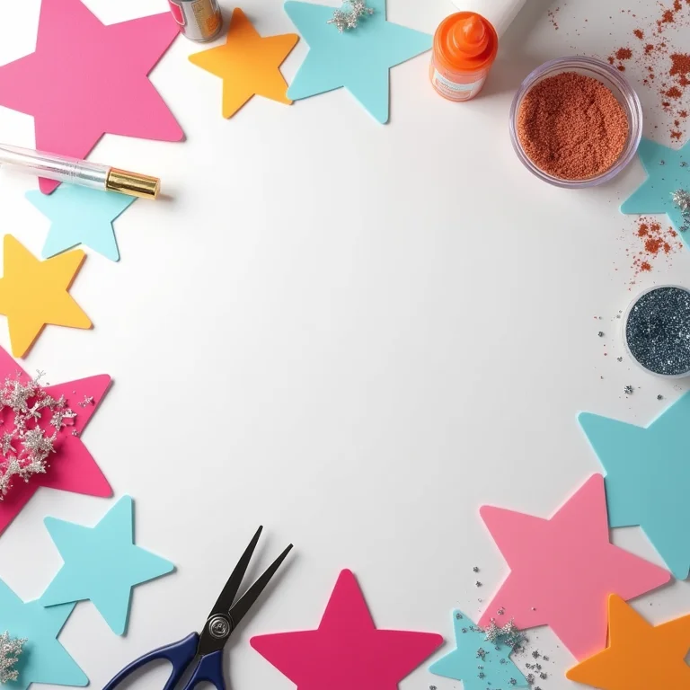 Mesa de artesanato com moldes e recortes de estrelas em EVA