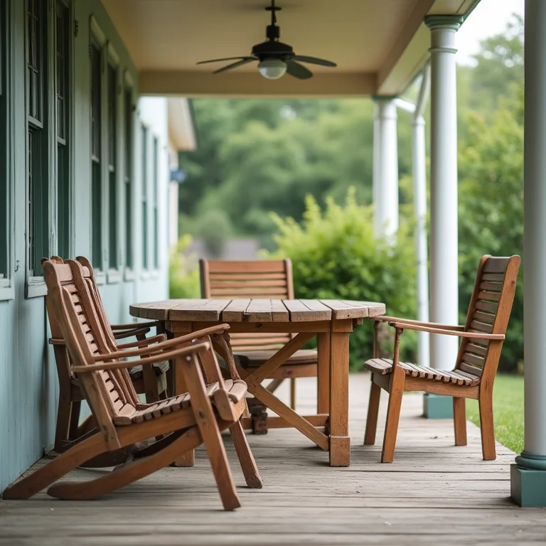 Mobiliário desconfortável e sem harmonia em varanda de casa de campo.