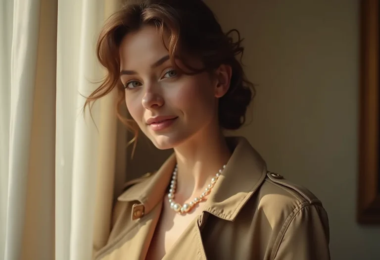 Moda feminina elegante e sofisticada: look clássico atemporal com sobretudo e colar de pérolas em apartamento parisiense