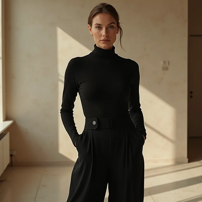 Moda feminina elegante e sofisticada: look minimalista chic com gola alta preta e calças de perna larga em loft minimalista