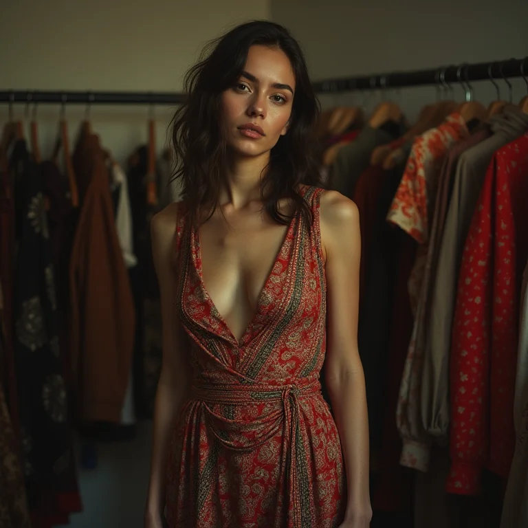 Modelo vestindo padrões conflitantes e roupas mal ajustadas em um camarim mal iluminado.