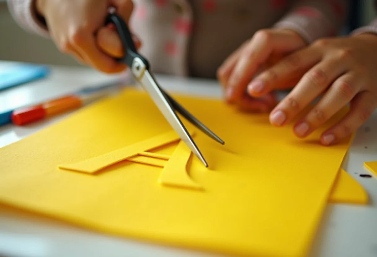 Molde da letra A em EVA sendo recortado com tesoura por mãos de artesã.