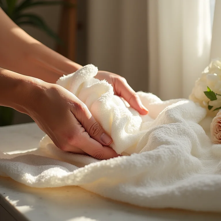 Mãos lavando delicadamente mangas bufantes, demonstrando o cuidado necessário para manter a peça impecável.