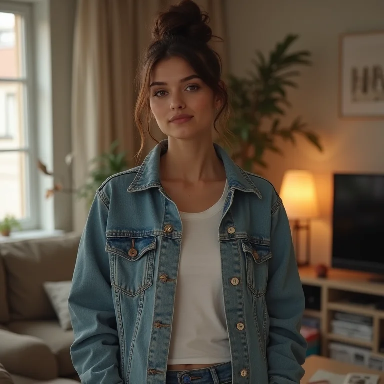 Mulher adicionando jaqueta jeans a look streetwear feminino com tênis Jordan em sala de estar