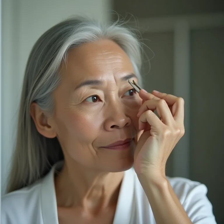 Mulher asiático-brasileira cuidando das sobrancelhas