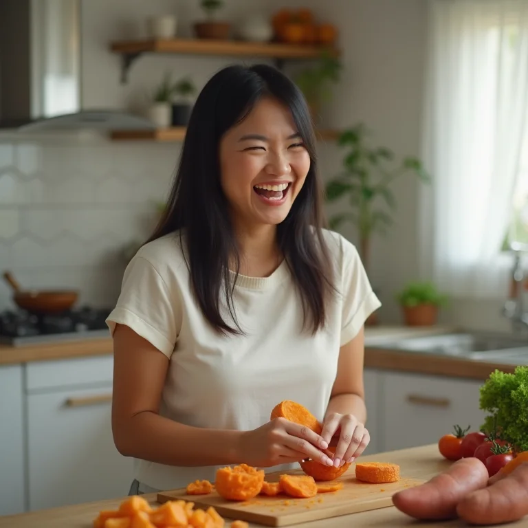Mulher asiático-brasileira descascando batata doce em cozinha moderna