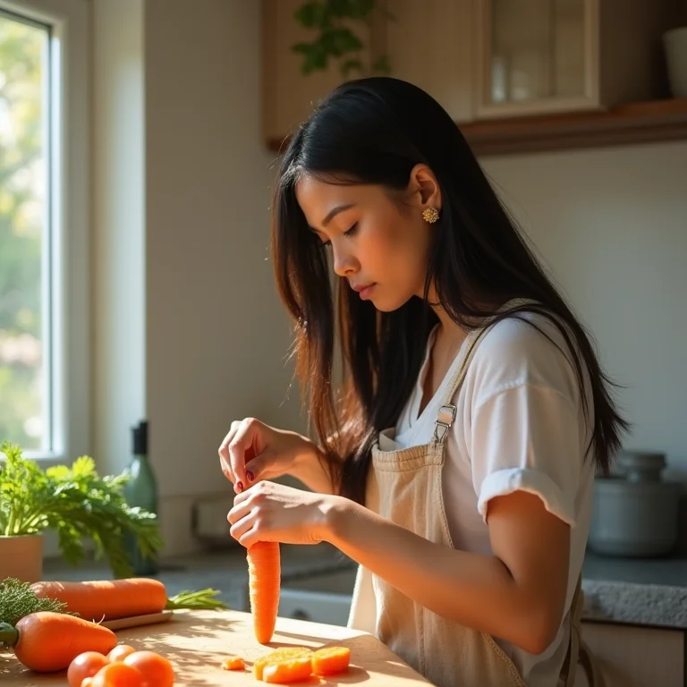 Mulher asiático-brasileira descascando cenoura Nantesa na cozinha.