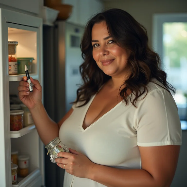 Mulher asiático-brasileira etiquetando potes na geladeira