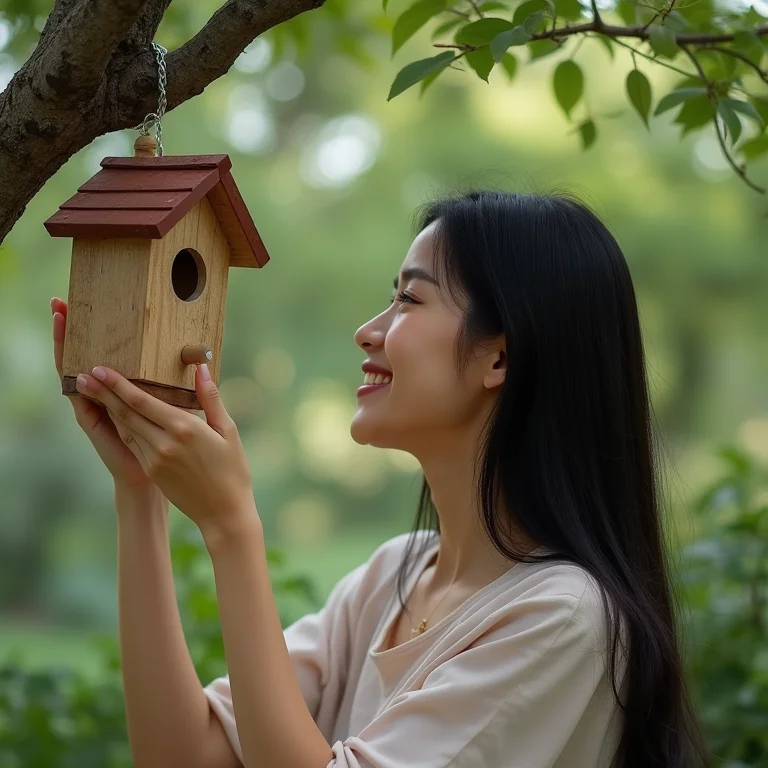 Mulher asiático-brasileira pendurando casinha de passarinho.
