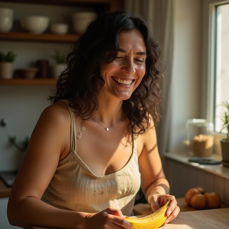 Mulher brasileira de meia-idade sorrindo enquanto descasca uma banana.