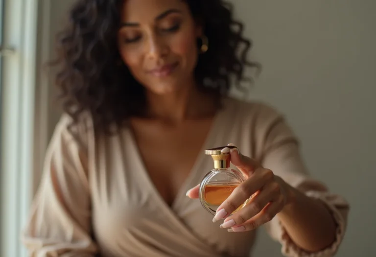 Mulher brasileira madura aplicando perfume árabe.