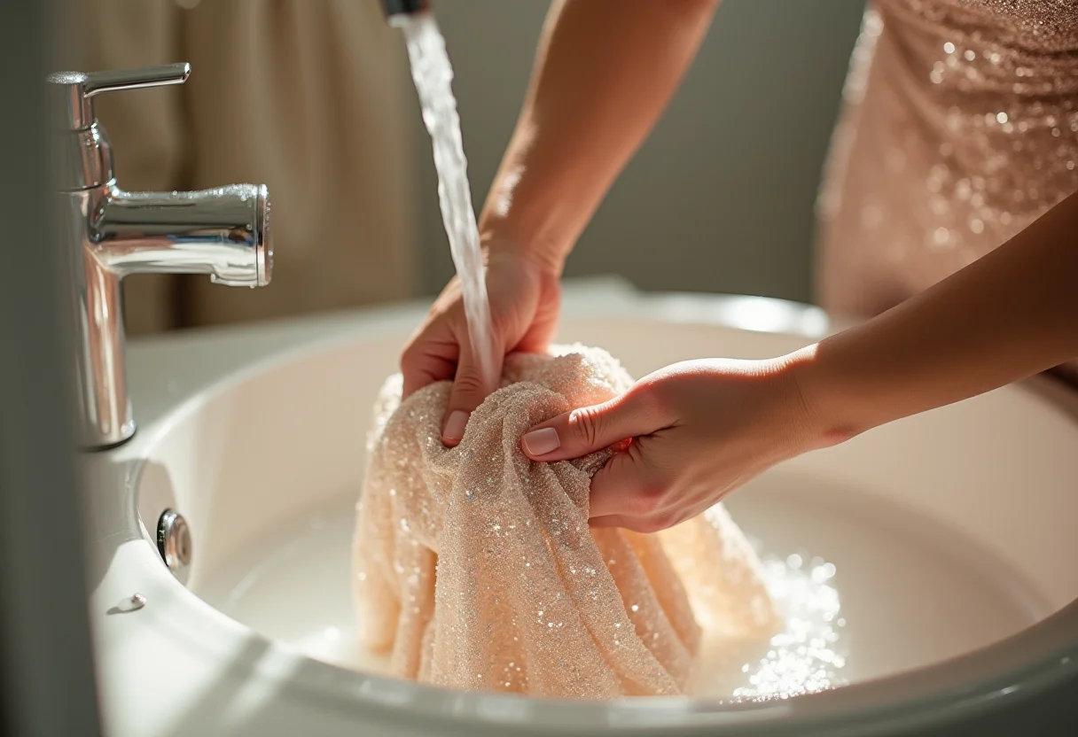 Mulher cuidando delicadamente de um vestido de festa com lantejoulas.