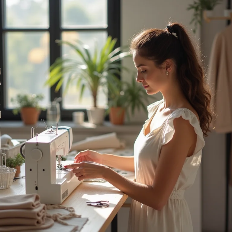 Mulher customizando a bainha de uma calça cargo feminina larga em um ateliê.