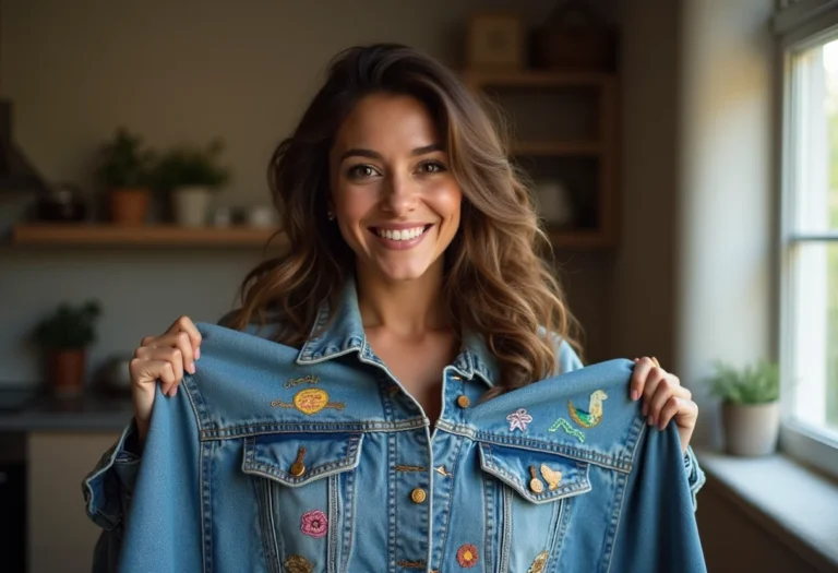 Mulher customizando jaqueta jeans com sorriso confiante.