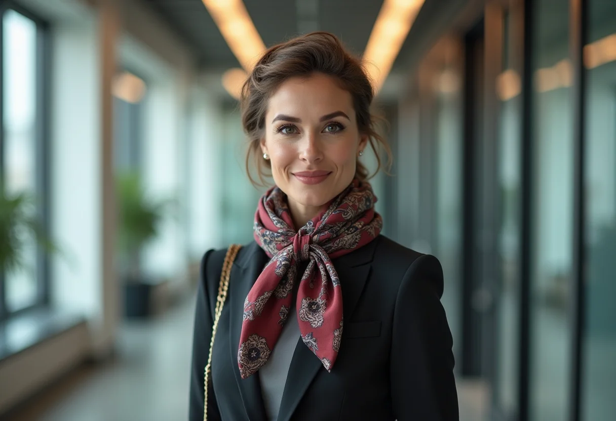 Mulher de negócios elegante usando lenços de diferentes maneiras no escritório.