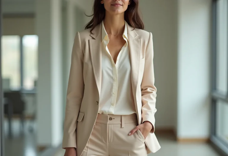 Mulher de negócios elegante vestindo look monocromático neutro sofisticado para o trabalho.