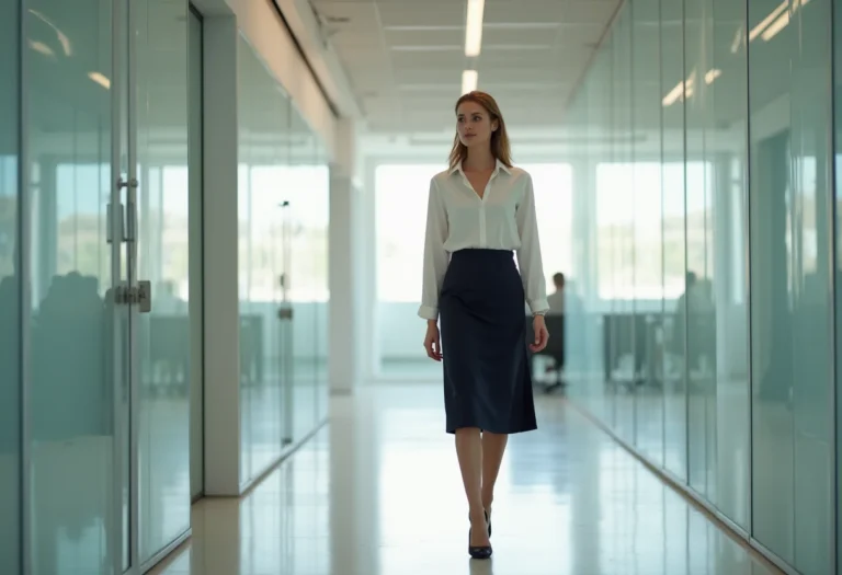 Mulher de negócios usando saia midi e sapato elegante em ambiente de trabalho formal