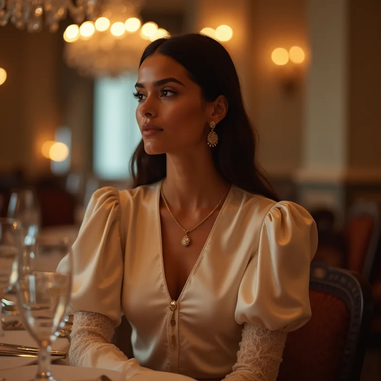 Mulher elegante com blusa de cetim e mangas bufantes, em um ambiente de jantar formal, irradiando sofisticação.