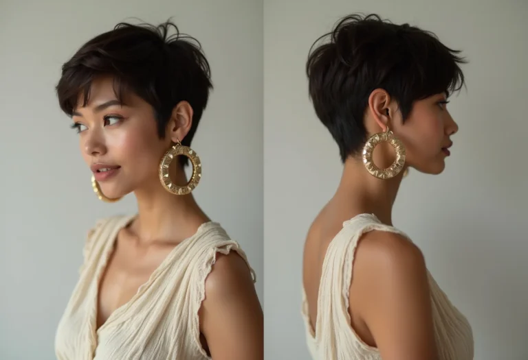 Mulher elegante com cabelo curto usando brincos de argola grandes