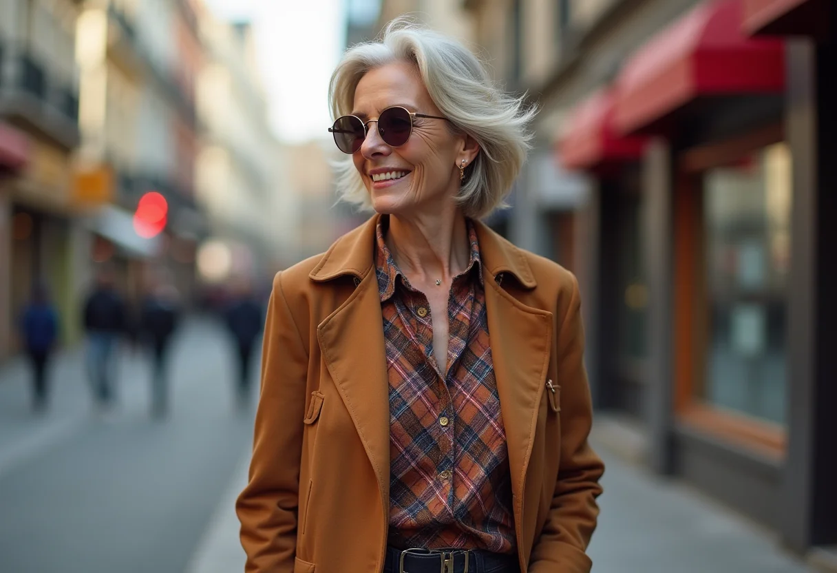 Mulher elegante de 50 anos mostrando tendências de moda moderna em ambiente urbano.