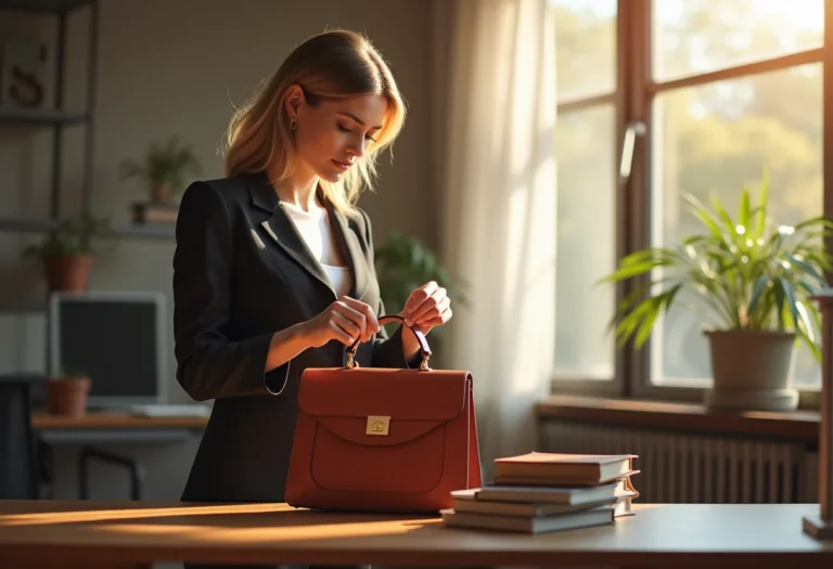 Mulher elegante escolhendo bolsa para look de trabalho