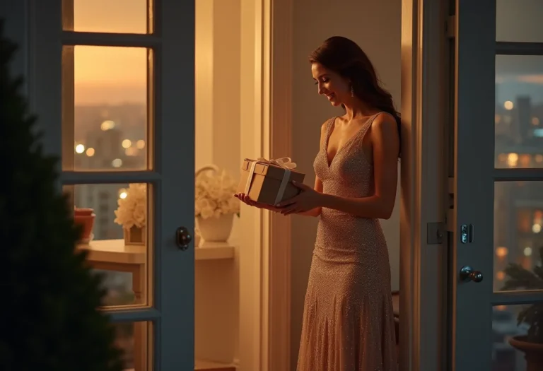 Mulher elegante recebendo vestido de festa com entrega rápida
