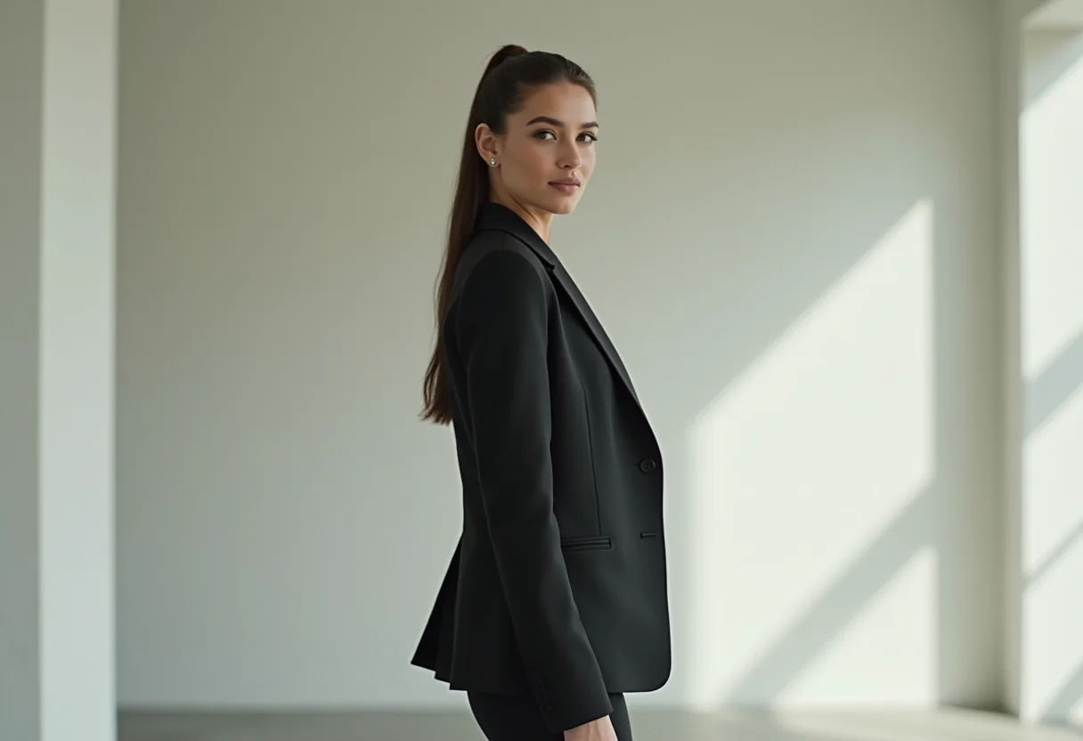 Mulher elegante usando blazer alongador em estúdio moderno