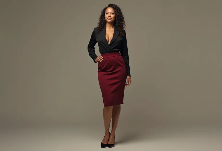 Mulher elegante usando saias lápis de diferentes comprimentos para um visual profissional em 2024.