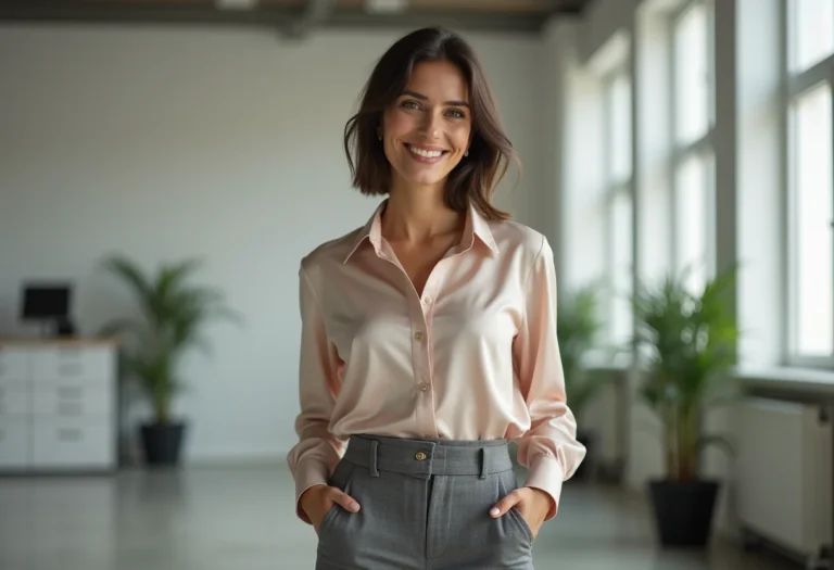 Mulher elegante vestindo calça de alfaiataria e camisa de seda para o trabalho em 2024